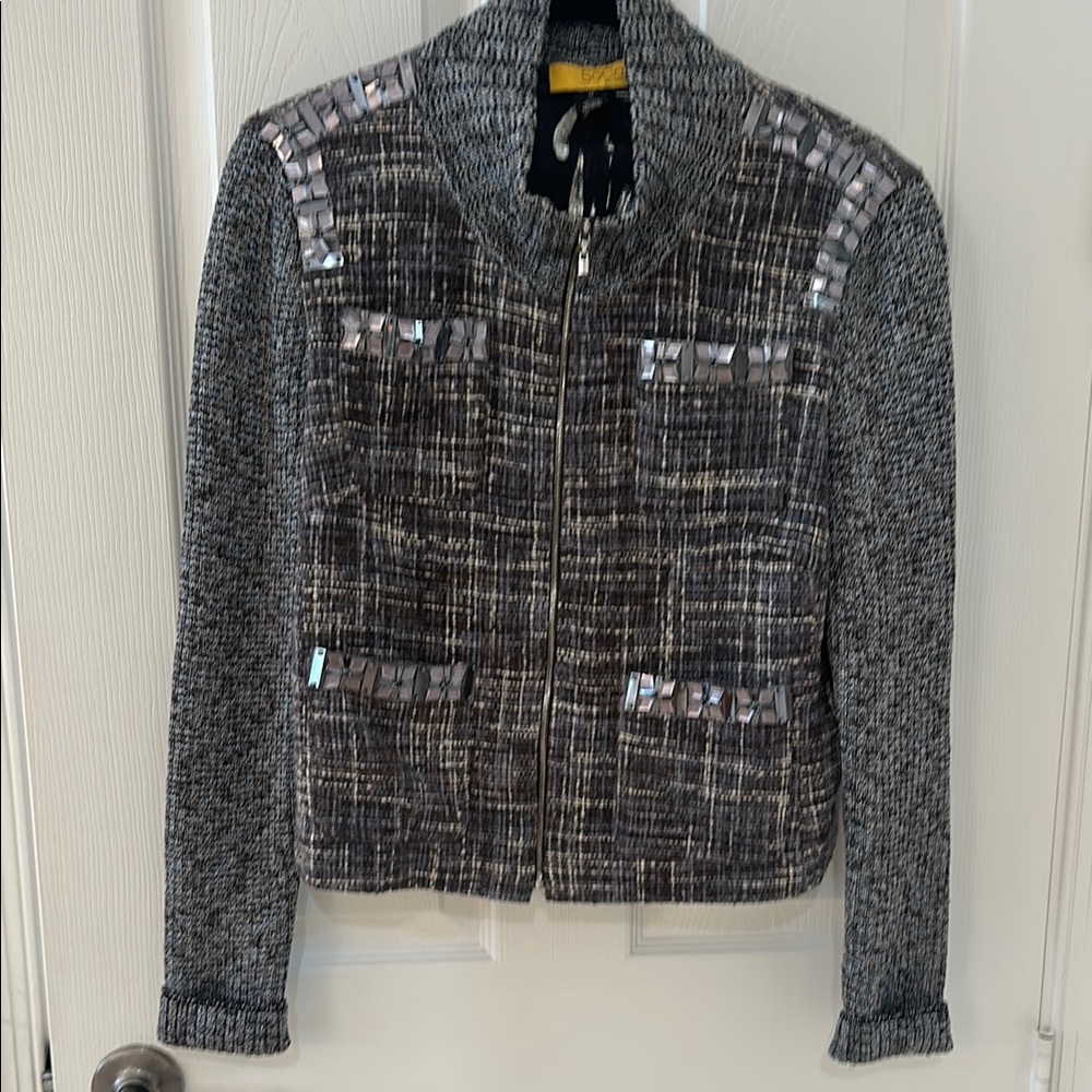 SoCo St. John Gray Tweed Women's Jacket with Embellished Detailing